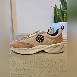 Tory Burch good luck trainer tan blue pink